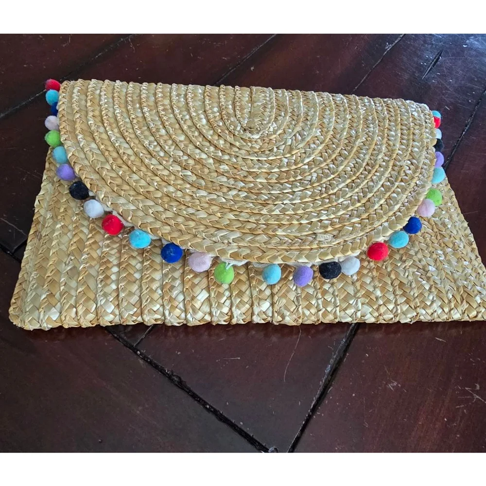 Women's Vintage Beige Summer Straw Clutch with Multi-color Pom Poms, One Size